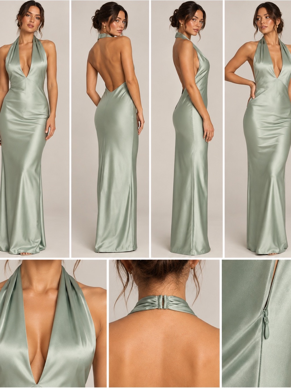 NWT Sage Green Satin Halter Open Back Maxi Formal Dress Gown Small